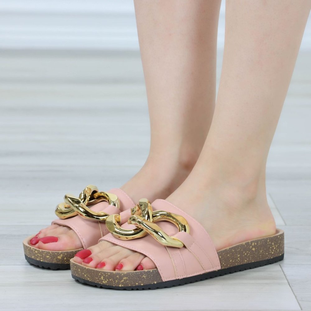 Pink Flat Slip On Sliders Sandal Trendy Comfort Lightweight Blush and Gold - Picture 3 of 13